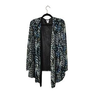 Chico's Womens Mesh Cardigan Topper Size XL Blue Asymmetrical Hem Draped Preppy